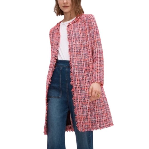 Kate Spade Studded Tweed Coat NEW Hot Pink Open Fringe Trim Long Jacket Size 2